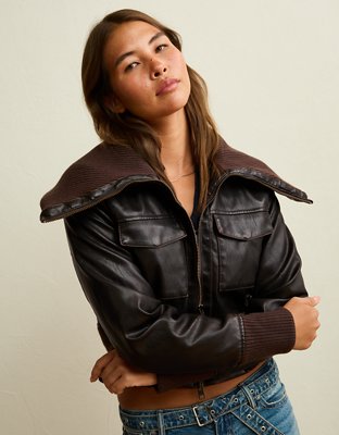 AE Shrunken Vegan Leather Bomber Jacket - Brown
