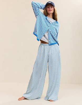 OVERSLEPT by Aerie Liquid Satin Wide Leg Pant - Green Sheen