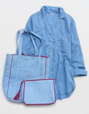 OVERSLEPT by Aerie Seersucker Oversized Shirt Nightie - Horizon Sky
