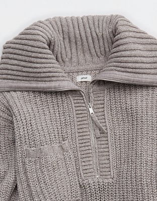 Aerie So Nostalgic Quarter Zip Sweater - Heathered Taupe