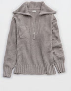 Aerie So Nostalgic Quarter Zip Sweater - Heathered Taupe