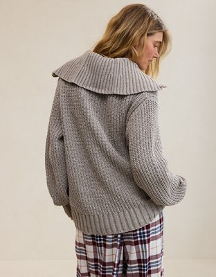 Aerie So Nostalgic Quarter Zip Sweater - Heathered Taupe