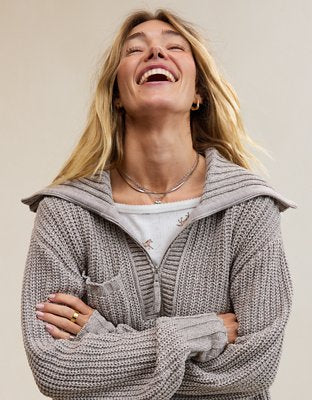 Aerie So Nostalgic Quarter Zip Sweater - Heathered Taupe