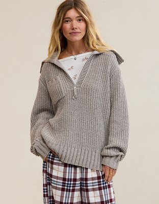 Aerie So Nostalgic Quarter Zip Sweater - Heathered Taupe