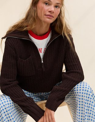 Aerie So Nostalgic Quarter Zip Sweater - Deep Earth