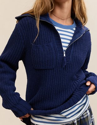 Aerie So Nostalgic Quarter Zip Sweater - Navy