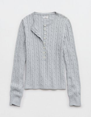 Aerie Cotton Cable Henley Sweater - Medium Heather Gray