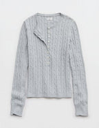 Aerie Cotton Cable Henley Sweater - Medium Heather Gray