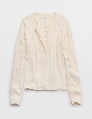 Aerie Cotton Cable Henley Sweater - Natural