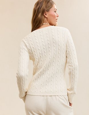 Aerie Cotton Cable Henley Sweater - Natural