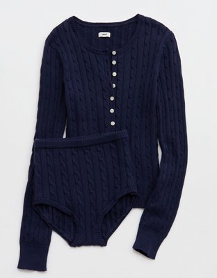 Aerie Cotton Cable Henley Sweater - Navy