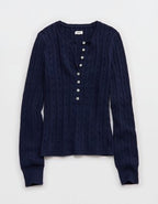 Aerie Cotton Cable Henley Sweater - Navy