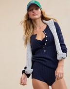 Aerie Cotton Cable Henley Sweater - Navy