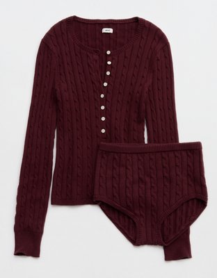 Aerie Cotton Cable Henley Sweater - Royal Berry