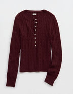 Aerie Cotton Cable Henley Sweater - Royal Berry