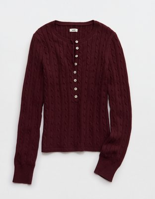 Aerie Cotton Cable Henley Sweater - Royal Berry