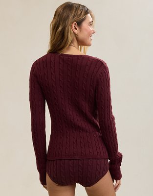 Aerie Cotton Cable Henley Sweater - Royal Berry