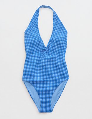 Aerie Gingham Halter Full Coverage One Piece Swimsuit - Island Water