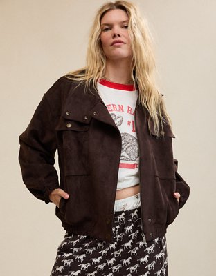 Aerie Faux Suede Bomber Jacket - Deep Earth