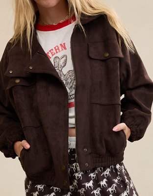 Aerie Faux Suede Bomber Jacket - Deep Earth