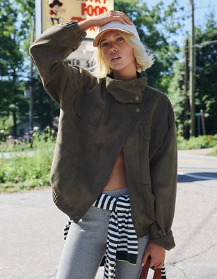 Aerie Faux Suede Bomber Jacket - Festive Olive