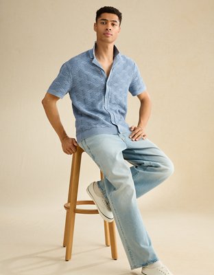 AE Garment-Washed Sweater Polo - Light Blue