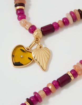 Aerie Chunky Beaded Charm Necklace - Brown