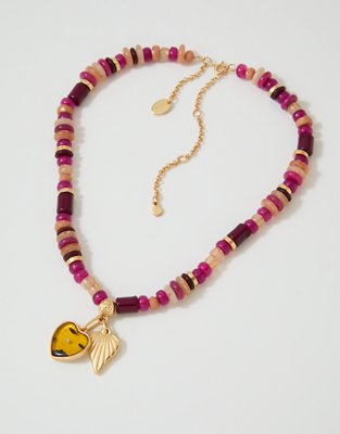 Aerie Chunky Beaded Charm Necklace - Brown