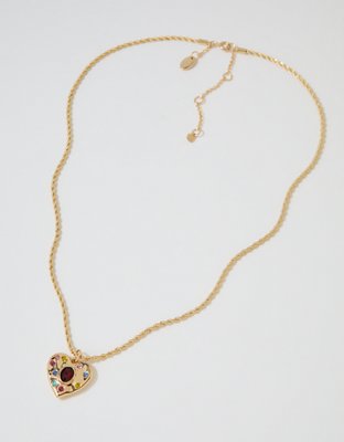 Aerie Rhinestone Heart Necklace - Gold