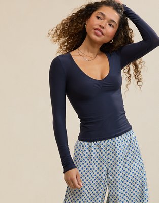 SMOOTHEZ Long Sleeve Ruched Top - Navy