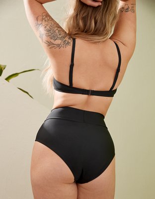 Aerie High Rise Full Coverage Crossover Bikini Bottom - True Black