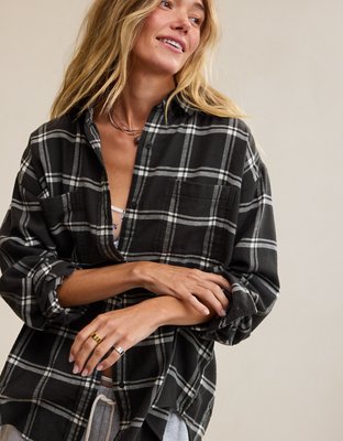 Aerie Anytime Fave Flannel Oversized Shirt - Grey Shadow