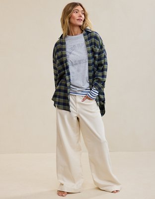 Aerie Anytime Fave Flannel Oversized Shirt - Olive Fun
