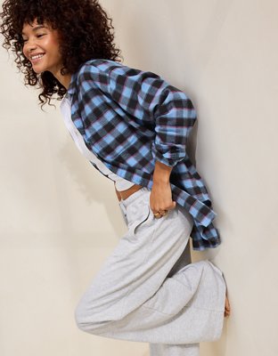 Aerie Anytime Fave Flannel Oversized Shirt - Horizon Sky