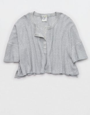 OFFLINE By Aerie Wow! Waffle Cropped Henley Short Sleeve T-Shirt - Medium Heather Gray