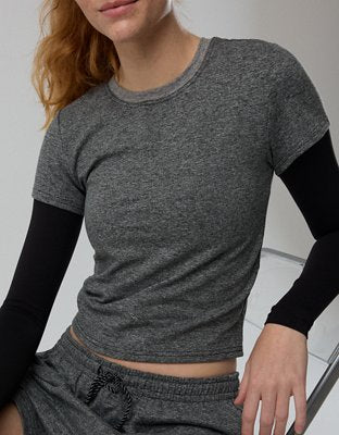OFFLINE By Aerie Weekend Away Short Sleeve Ringer T-Shirt - Dark Heather Gray