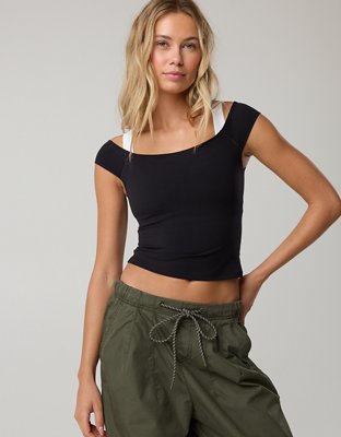 OFFLINE By Aerie Real Me XTRA Off The Shoulder T-Shirt - True Black