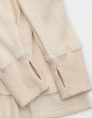 OFFLINE By Aerie Wow! Waffle Long Sleeve V Neck T-Shirt - Heather Frost
