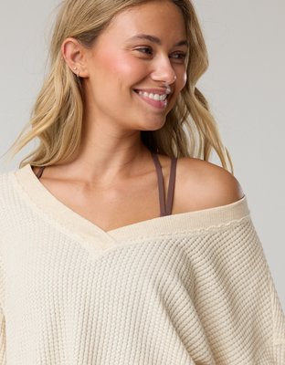 OFFLINE By Aerie Wow! Waffle Long Sleeve V Neck T-Shirt - Heather Frost