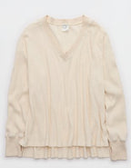 OFFLINE By Aerie Wow! Waffle Long Sleeve V Neck T-Shirt - Heather Frost