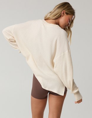 OFFLINE By Aerie Wow! Waffle Long Sleeve V Neck T-Shirt - Heather Frost