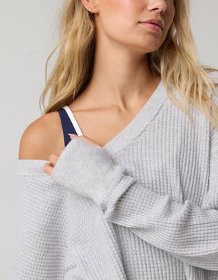 OFFLINE By Aerie Wow! Waffle Long Sleeve V Neck T-Shirt - Light Heather Gray