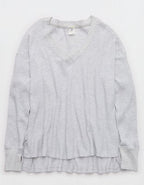 OFFLINE By Aerie Wow! Waffle Long Sleeve V Neck T-Shirt - Light Heather Gray