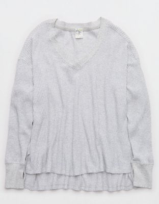 OFFLINE By Aerie Wow! Waffle Long Sleeve V Neck T-Shirt - Light Heather Gray