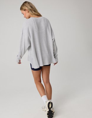 OFFLINE By Aerie Wow! Waffle Long Sleeve V Neck T-Shirt - Light Heather Gray