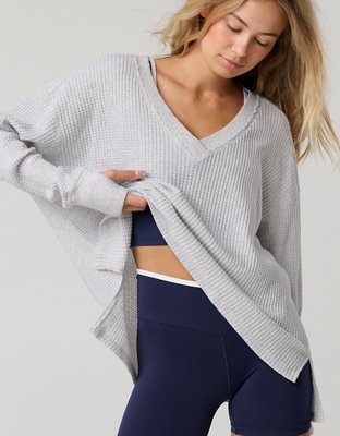 OFFLINE By Aerie Wow! Waffle Long Sleeve V Neck T-Shirt - Light Heather Gray