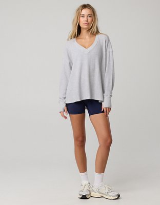 OFFLINE By Aerie Wow! Waffle Long Sleeve V Neck T-Shirt - Light Heather Gray