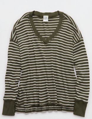 OFFLINE By Aerie Wow! Waffle Long Sleeve V Neck T-Shirt - Festive Olive