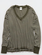 OFFLINE By Aerie Wow! Waffle Long Sleeve V Neck T-Shirt - Festive Olive