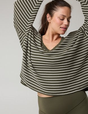 OFFLINE By Aerie Wow! Waffle Long Sleeve V Neck T-Shirt - Festive Olive